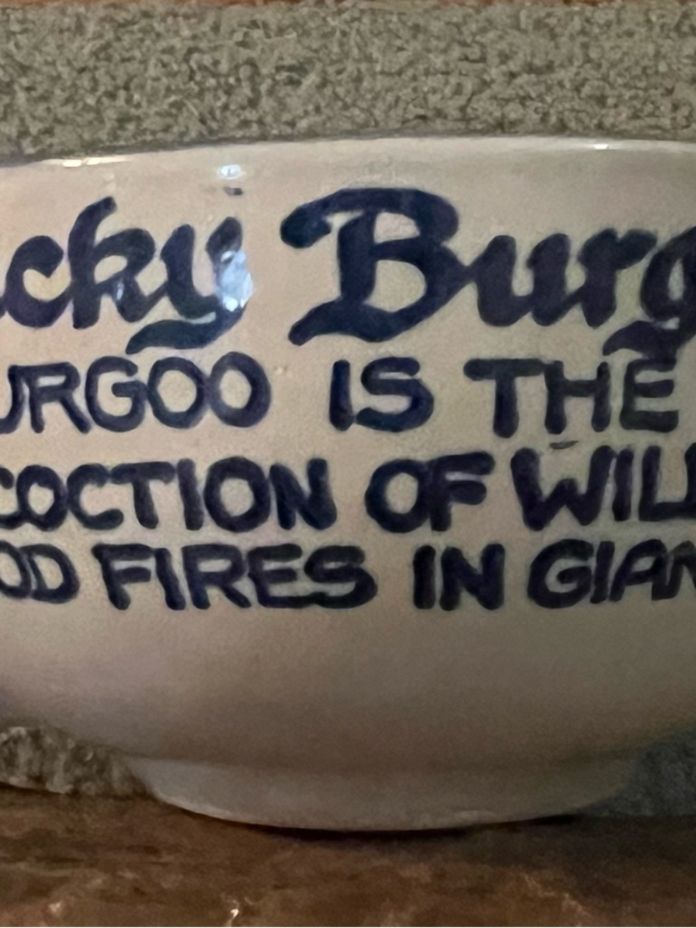 Vintage Kentucky Burgoo Ceramic Bowl with Blue Hand-Painted Lettering EUC